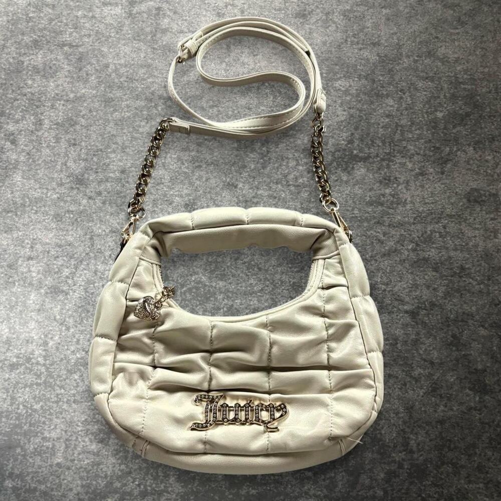 Juicy Couture Cream Mini Hobo Crossbody Bag Ruched Rhinestone Logo Heart Charm